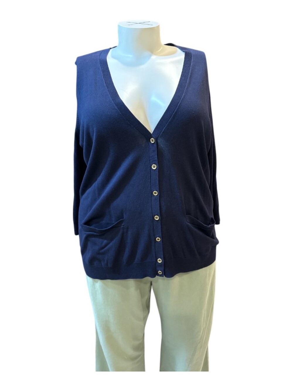 Talbots Sz 3X Navy Blue 3/4 Sleeve 2-Pocket V-Neck Cardigan Sweater NEW